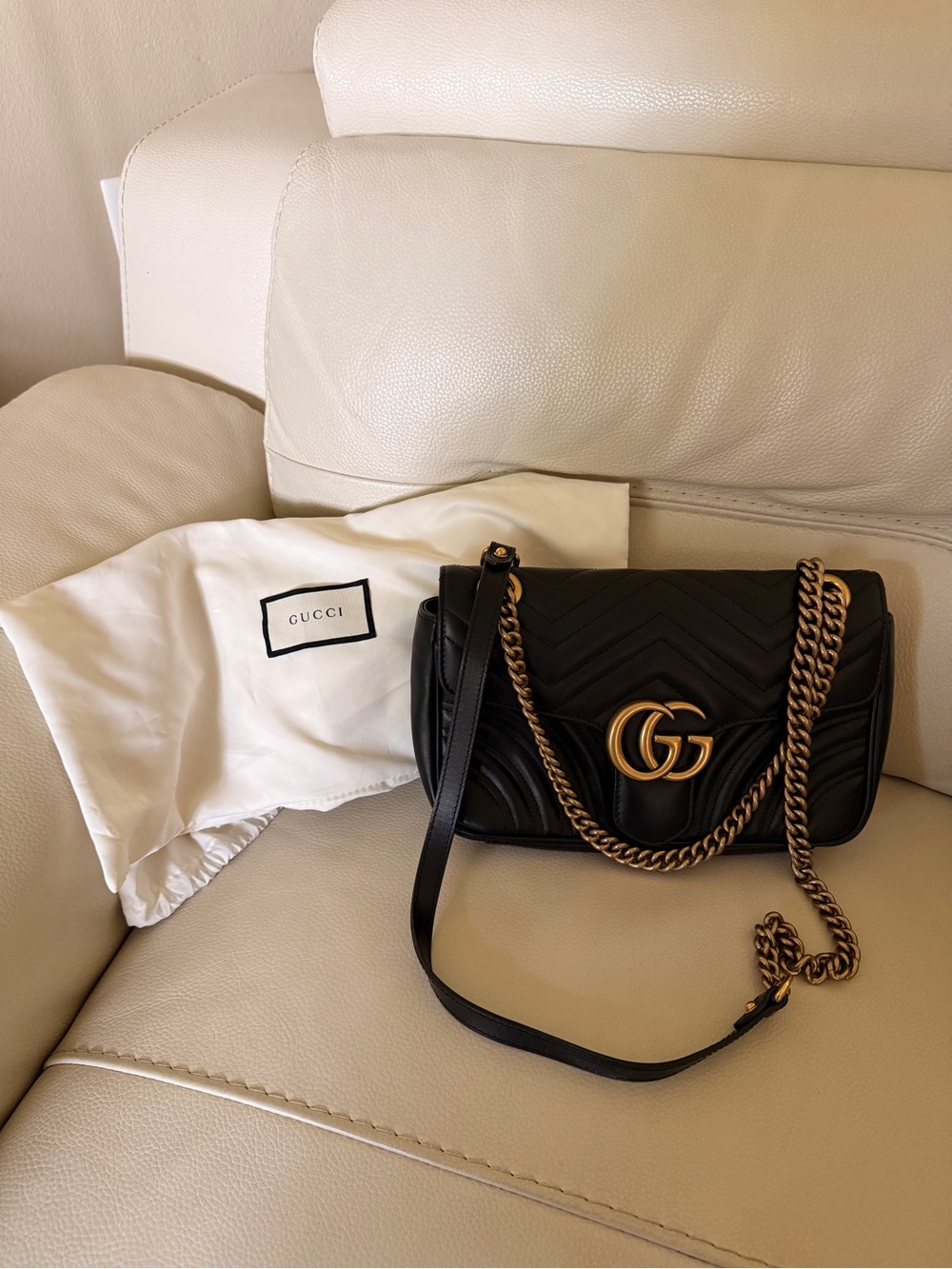 Gucci Black Leather GG Small Marmont Shoulder Bag with Gold Hardware